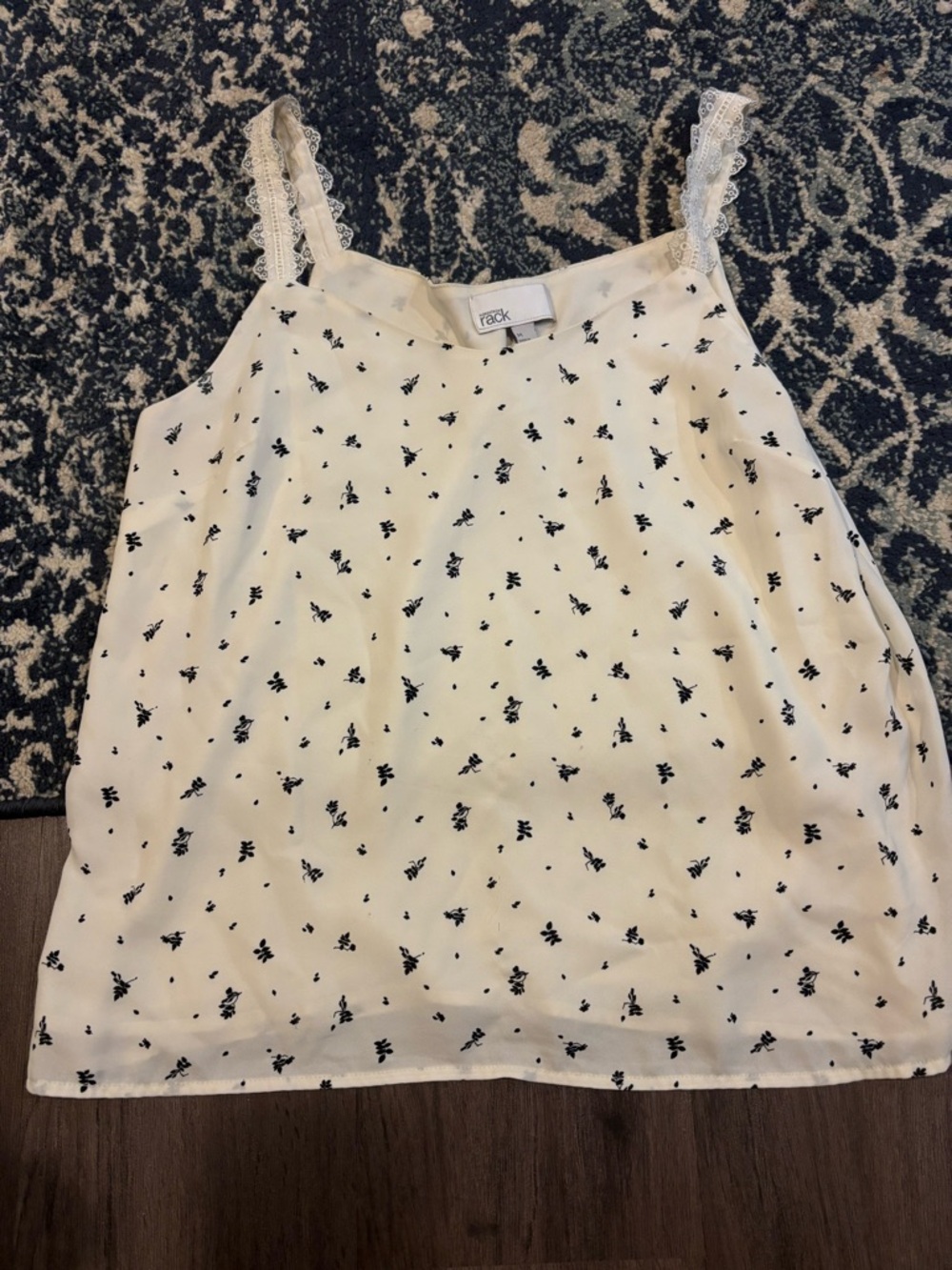 Nordstrom White Cami with Black Floral Print and Lace Straps